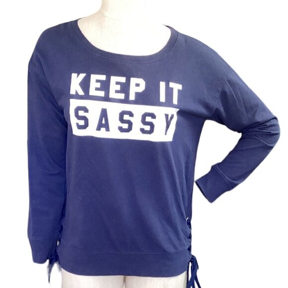 Fifth Sun Keep It Sassy Graphic Sweatshirt/Tee Side Lace-up L Navy Blue #143C - Picture 1 of 8